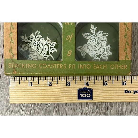 Vintage Metal Tole Ware Coasters In Original Box Green White Floral Set of 8 - Picture 13 of 13